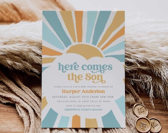 May include: A baby shower invitation with a retro sunburst design in shades of blue, yellow, and orange. The text reads "here comes the son" and includes the name "Harper Anderson".