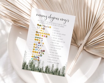 Nursery Rhymes Emojis Baby Shower Game, Woodland Baby Shower Game Card, Rustic Pine Tree, Editable Instant Download, 100% EDITABLE TEXT, P14