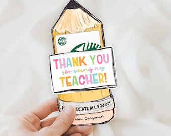 Pencil Teacher Appreciation Gift Card Holder Printable, Pencil Cutout, Thank You For Being My Teacher, Kids gift to teacher,Canva File,HPS19
