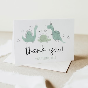 Carte de remerciement modifiable dinosaure pliée, dinosaure préhistorique anniversaire garçon merci modèle, trois Rex, deux Rex, sauvage un, modifier tout le texte, a64