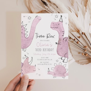 Dino Birthday Invitation, Editable Three Rex Birthday Party,Jurassic Dinomite 3rd Birthday Girl Party Instant Download,Prehistoric Party,a65