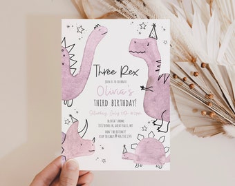 Dino Birthday Invitation, Editable Three Rex Birthday Party,Jurassic Dinomite 3rd Birthday Girl Party Instant Download,Prehistoric Party,a65