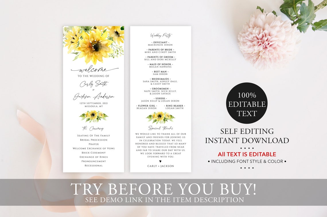 Sunflower Wedding Program Template Order of Service | Etsy