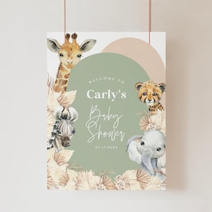 EDITIERBARE Boho Safari Baby Shower Willkommensschild, Neutral Baby Shower großes Zeichen, Dschungeltier Vorlage Salbei Muted Beige Bögen, Corjl-Datei a72s