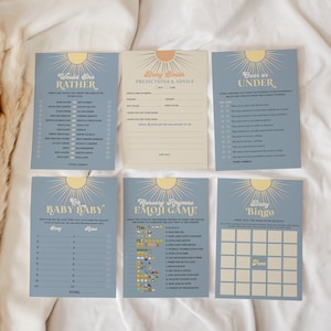 Babyparty Spiel Bundle Karte druckbar, Boho Sun Shower Boy Aktivitäten, Retro kleiner Sonnenstrahl 14 Spiel Bundle Set, Bearbeitung allen Text, a88
