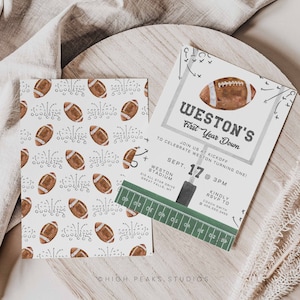 May include: A football-themed invitation for a first birthday party. The invitation features a football field with a football in the end zone. The text on the invitation reads "Weston's First Year Down" and includes details about the party, including the date, time, and location.