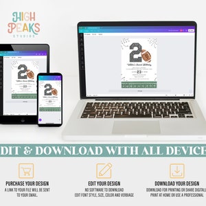 May include: A digital invitation design displayed on a laptop, tablet, and smartphone. The invitation features a football theme with the number 2 and a football graphic. Text includes "Willie's Second Birthday" and event details. The image also includes the text "Edit & Download With All Devices".