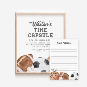 Placa de cápsula do tempo de aniversário esportivo para impressão, cartões de desejos com várias notas esportivas, decoração para festa esportiva, arquivo digital para download de atividade de aniversário, a121