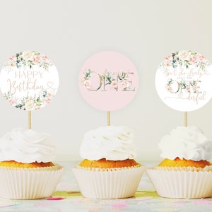 First Birthday Cupcake Toppers, Little Miss ONEderful Cake Toppers Pink And Gold Party First Birthday Decor Printable Instant Download a83