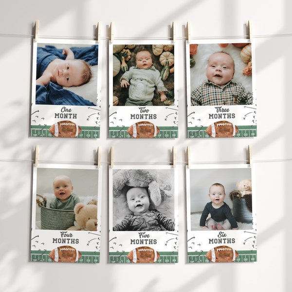 Monthly Photo Banner, First Year Picture Monthly Photos Tags Printable, First Birthday Boy Banner Party Football Sports Theme a98
