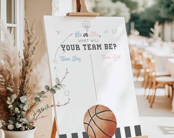 Signo de "Él o Ella" para el bebé, tablero de adivinación para revelar el género del baloncesto, edita todo el texto con la plantilla de Canva, a132