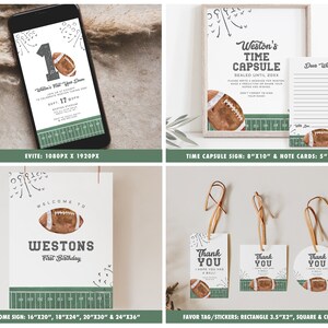 May include: Printable football-themed party decorations for a first birthday party. The set includes an Evite invitation, a welcome sign, a time capsule sign, note cards, and favor tags. The decorations feature a brown and white football with green and white football field graphics.