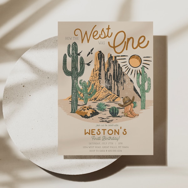 How the West was One Birthday Invitation Printable, Western Cowboy First Birthday Invitation, Desert Wild West Canva Template, A151