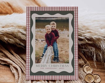 Plaid Christmas Photo Card Template, Wavy Frame Gingham Modern Rustic Happy Holidays Printable, Canva Template