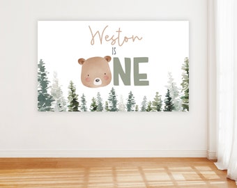 Editable Birthday Backdrop Banner, Beary One Birthday Boy, Woodland Pine Tree Party Decor, Large table Backdrop Banner Sign,Digital File,a50