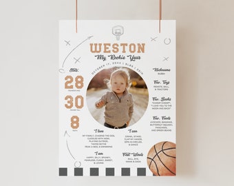 May include: A white and black basketball-themed baby milestone poster with a photo of a baby boy. The poster includes the baby's name, Weston, birthdate, weight, height, and other milestones. The poster is decorated with basketballs, a basketball hoop, and a black and white checkered pattern.