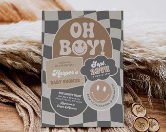 Checkered Boy Baby Shower Invitation Template, Editable Retro Smiley Face Oh Boy Baby Shower Invitation printable, Edit in Canva, HPS49