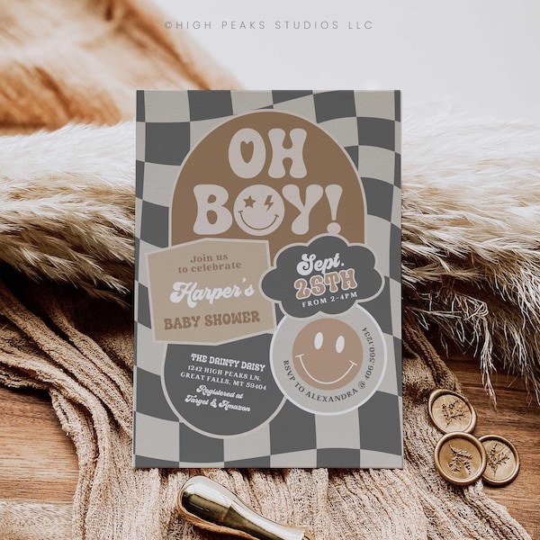 Checkered Boy Baby Shower Invitation Template, Editable Retro Smiley Face Oh Boy Baby Shower Invitation printable, Edit in Canva, HPS49