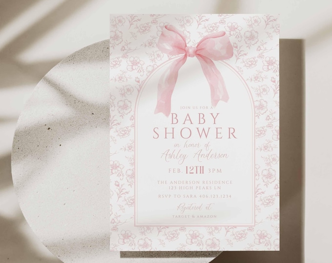 Vintage Dusty Pink Bow Floral Toile Baby Shower Invitation Template, Elegant Chinoiserie Coquette Bow, Cottagecore, Edit in Canva, HPS47p