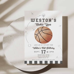 Invitación de cumpleaños de baloncesto imprimible, invitación de año de novato, juego en marcha, vintage, deportes, invitación, editable primero, plantilla, archivo canva para niño a132