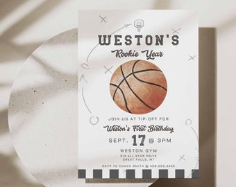Invitación de cumpleaños de baloncesto imprimible, invitación de año de novato, juego en marcha, vintage, deportes, invitación, editable primero, plantilla, archivo canva para niño a132