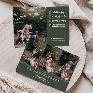 Plantilla de tarjeta navideña familiar con foto divertida, tarjeta navideña con imagen editable, tarjeta de resumen del año con 6 reversos, edición de todos los colores, archivo Canva