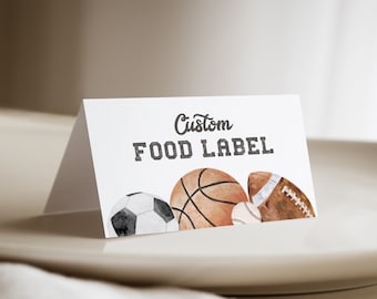 Multi Sports Food Label Tents, It's Game Time, Game On Birthday Digital File, Folded or flat food labels,Sports Party Decoration, a121