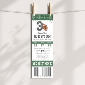 May include: A green and white football ticket invitation for a child's third birthday party. The ticket says "It's game time Weston is turning three" and includes details for the party, including the date, time, and location.