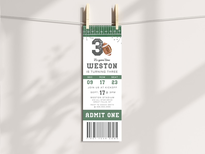 May include: A green and white football ticket invitation for a child's third birthday party. The ticket says "It's game time Weston is turning three" and includes details for the party, including the date, time, and location.