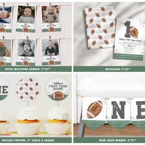 May include: Football-themed first birthday party decorations, including a photo banner, invitation, cupcake toppers, and a high chair banner. The decorations feature a green and brown color scheme with footballs, fireworks, and the number one.