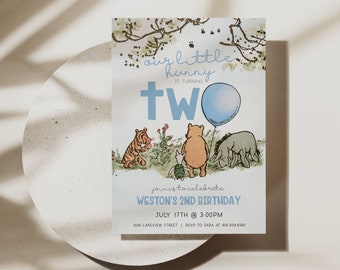 Second Birthday Invitation Printable Template, Classic Winnie the Pooh Blue Balloon, Digital Cojl File,Edit all Text, Instant Download, a70b