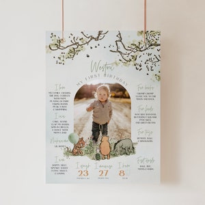Tableau pour affiches premier anniversaire, panneau classique Winnie l'ourson, photo d'un garçon un an, souvenir de ma première année, sauge, années 70
