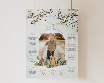 First Birthday Milestone Poster Board, Classic Winnie The Pooh Milestone Sign, Boy One Year Photo My First Year Keepsake, sage a70s