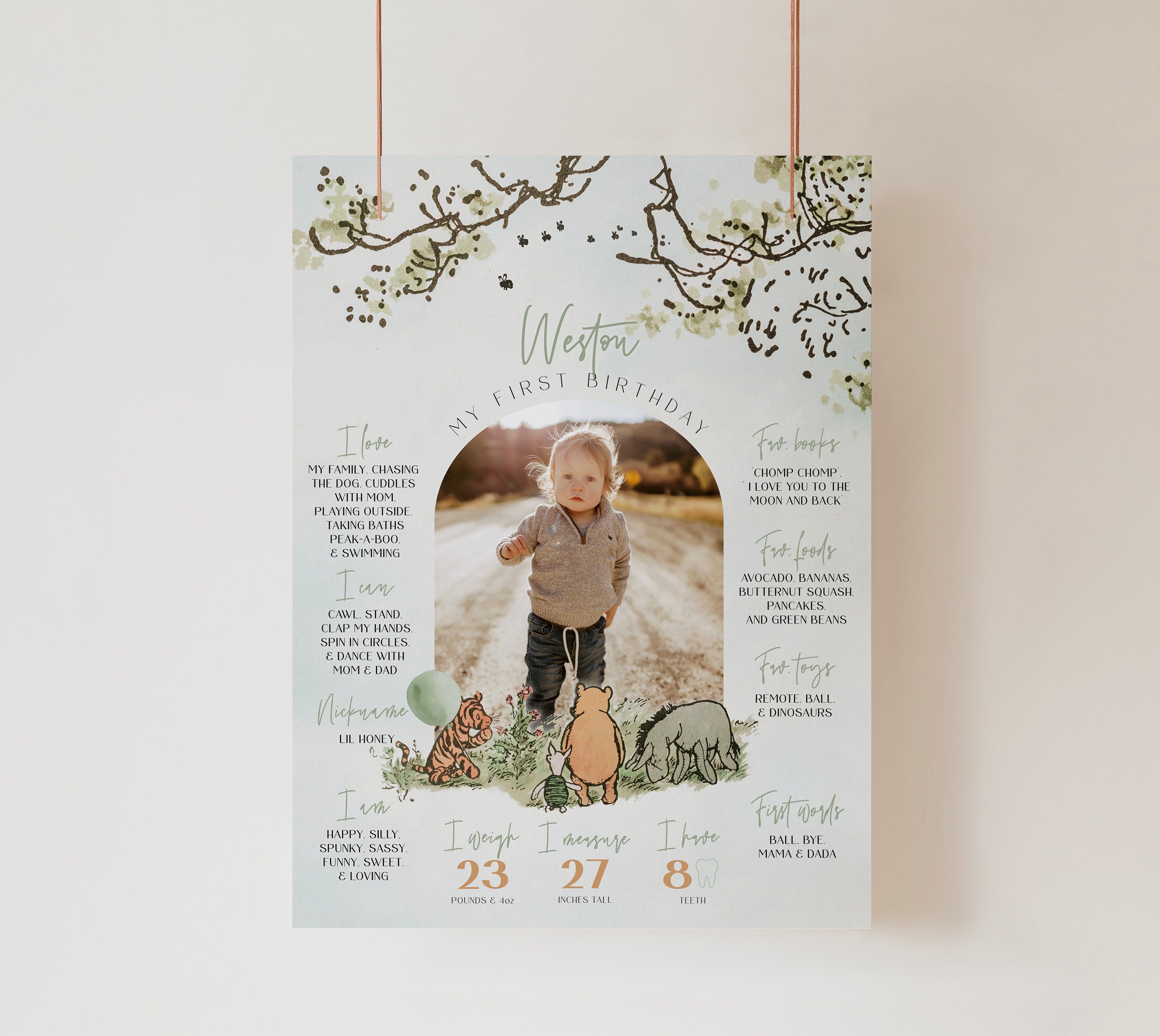 Erster Geburtstag Meilenstein Schild, Klassisches Winnie Puuh Meilenstein Schild, Junge Ein Jahr Foto Mein Erstes Jahr Andenken, Salbei a70er Jahre