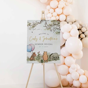 Cartel de bienvenida editable para revelar el género, póster clásico de bienvenida de Winnie the Pooh, Winnie the Pooh niño o niña, edición de texto, plantilla de Canva, a70gr