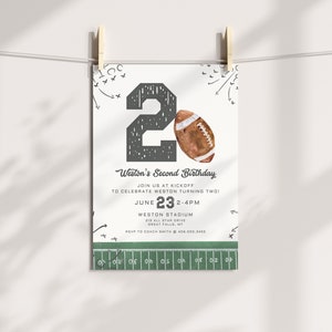 May include: A football-themed birthday invitation with the number 2 in a distressed font, a watercolor football, and the text "Weston's Second Birthday." The invitation is held by wooden clothespins against a white background.