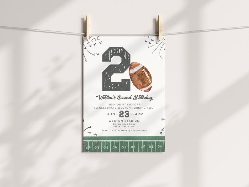 May include: A football-themed birthday invitation with the number 2 in a distressed font, a watercolor football, and the text "Weston's Second Birthday." The invitation is held by wooden clothespins against a white background.