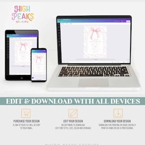 May include: A digital mockup of a pink and white baby shower invitation with a pink bow and the text "Baby Shower" on a laptop, tablet, and phone. The text "Edit & Download with all devices" is below the mockups. The text "Purchase your design, Edit your design, and Download your design" is below the text "Edit & Download with all devices".