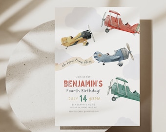 Invitación de cumpleaños de avión imprimible, invitación de cumpleaños de avión vintage editable para niño, plantilla para fiesta de aviación, personaliza con Canva, HPS18