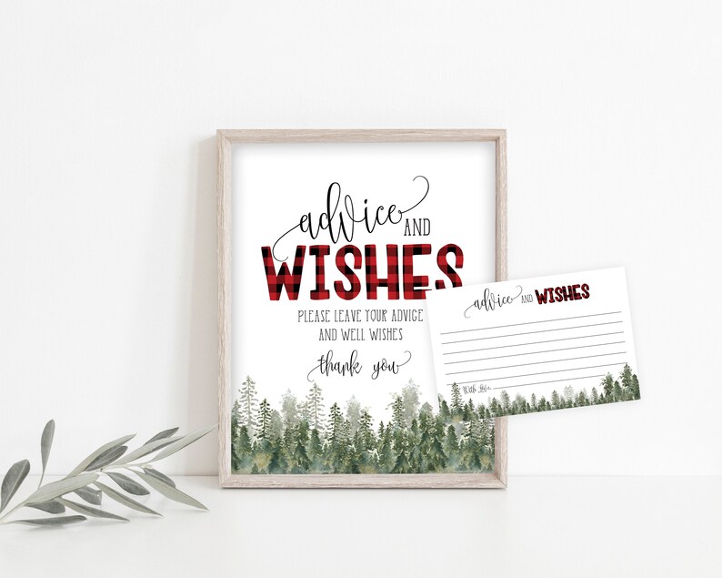 Advice and Wishes Sign and Matching Note Card, Wishes for Mom, Rustic Pine Shower, Buffalo Check,Woodland Baby Shower, Instant Download, A01 image 1