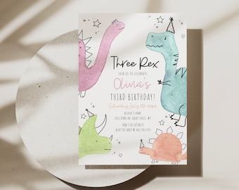 Three Rex Third Birthday Invitation Printable Girl, Colorful Dinosaur Party Invite, Canva Editable Template, Edit All Text, a65c