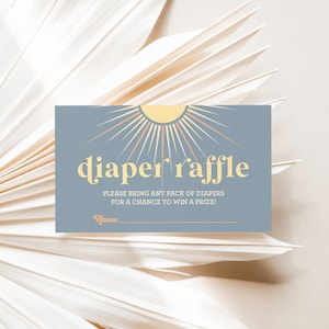 Editierbare Windel Raffle Sunshine Baby Shower Einlagekarte, Boho Sun Ein kleiner Sonnenstrahl, Retro Boho Hier kommt die Sonne Blau gelb a88