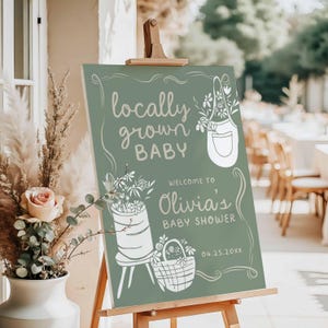 Plantilla editable de letrero de bienvenida para baby shower con productos locales, mercado de agricultores, ramos de flores para un brunch con bebés en flor, edita en Canva, HPS55g