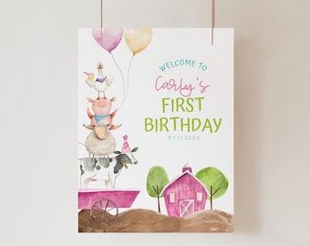 Birthday Welcome Sign Printable, Two Wild Farm Animal Party,Barnyard 1st birthday Girl Welcome Party Poster, Welcome Board Sign,Any Age a25g