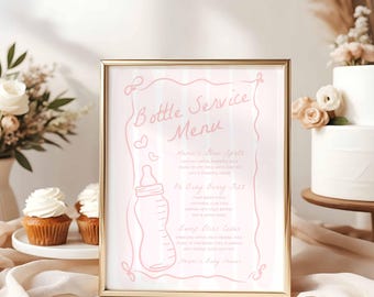 Letrero editable para menú de servicio de botellas, cóctel sin alcohol de autor, rosa bebé, plantilla de Canva dibujada a mano para decoración de baby shower de niña sin alcohol, HPS603p
