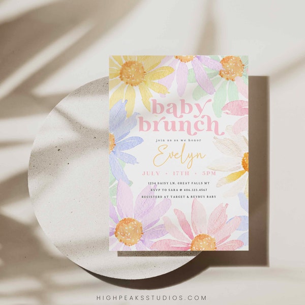 Pastel Daisy Baby Brunch Invitation, Girl Flower Garden Party Invite, Colorful Watercolor Daisies,Editable Canva Digital File Template HPS32