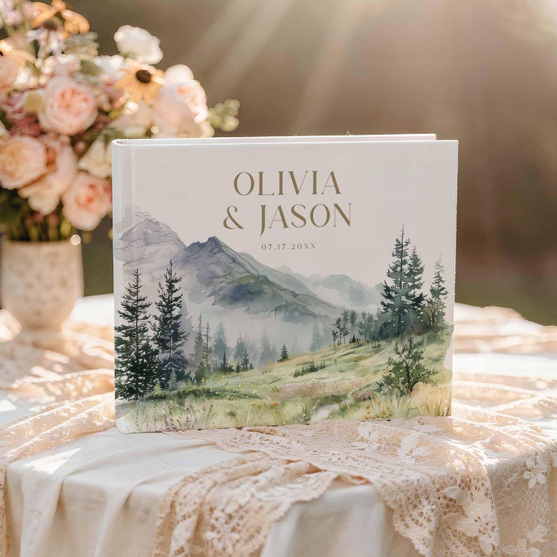 Personalized Mountain Wedding Guest Book, Printed and Shipped Keepsake, HS02 image 1