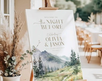 Mountain Rehearsal Dinner Welcome Sign, The Night Before Wedding Mountain and Pine Trees Board, hs02