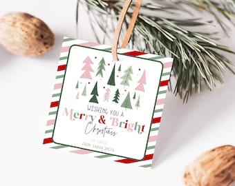 May include: A white gift tag with red and green stripes. The tag features a festive Christmas message that reads "Wishing you a Merry & Bright Christmas" with a pink and red font. The tag also includes the text "To Carly" and "From: Sarah Smith".