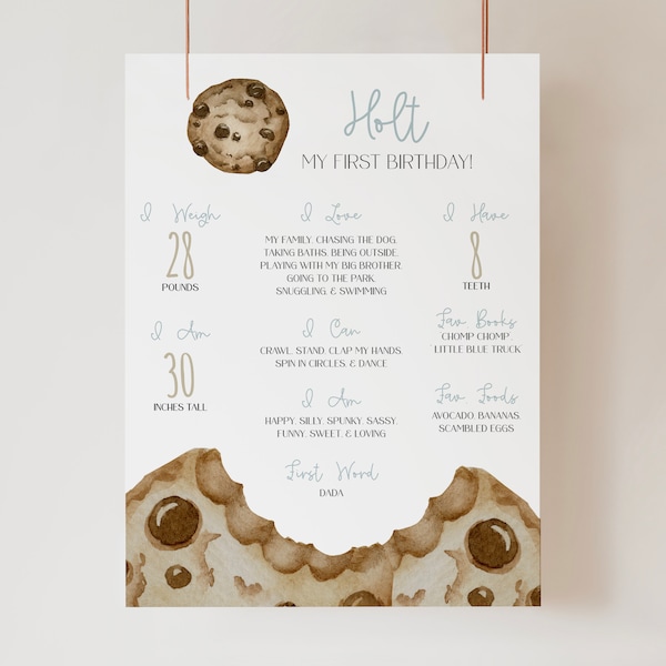 Birthday Milestone Poster Template,Cookie Birthday My First Year Stat Board,Sweet to Be One Birthday,Cookie Monster,Corjl,Edit all Text,101b